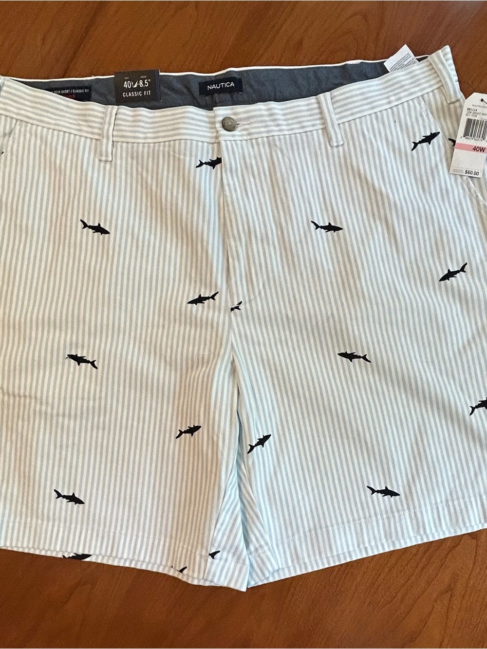 NWT Nautica Men’s 40 Deck Shorts 8.5" Inseam Blue Stripe Shark Print Stretch